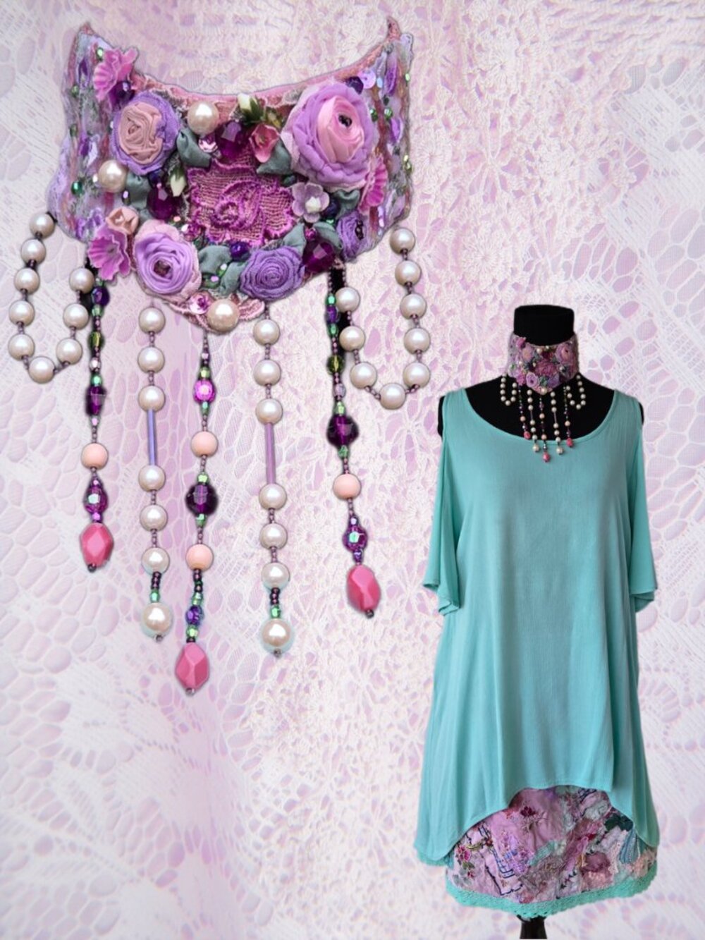 Handmade Pink Embroidered Rose Victorian-Style Choker Romantic